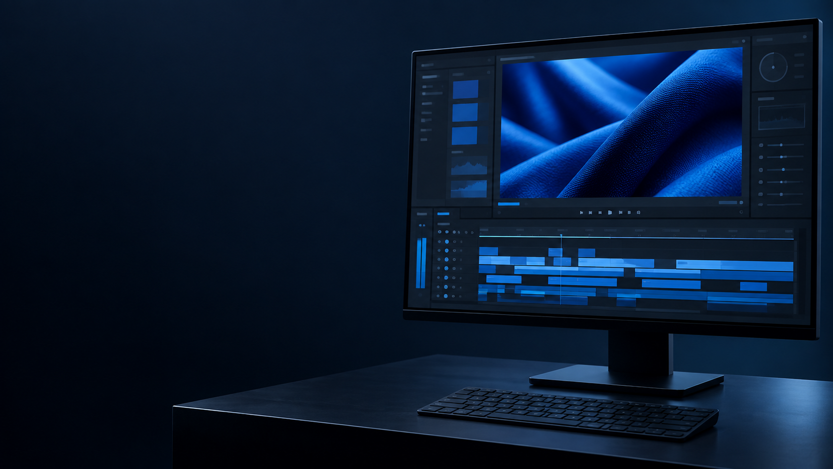 濃紺の空間に置かれた動画編集用モニターとキーボードの制作イメージ